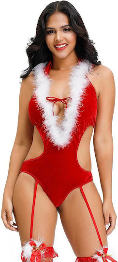 Deep V-neck Backless Red Color Christmas Romper Costume