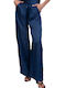 Women's High Waist Fabric Trousers with Rubber Band in Blue