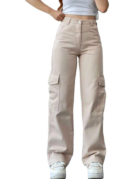 Women's High-waisted Fabric Cargo Trousers Straight Line Beige