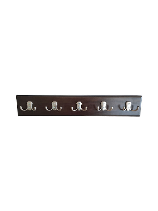 Wooden Wall Hanger A114 Brown Nickel Satin 5 Hooks 60x10x6cm Frans