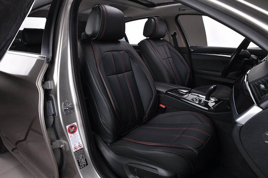 Set Universal Car Seat Covers Black Faux Leather Red Stitching Front Back