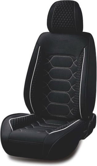 Set Universal Car Seat Covers Black Textile Material White Stripe Front-Back