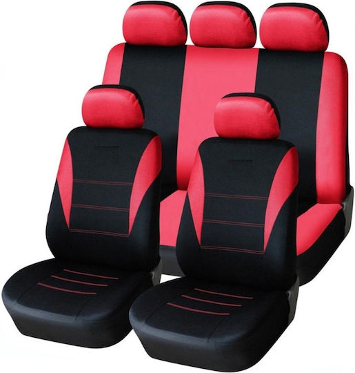 Set Universal De Huse Scaune Auto Față-Spate Negru Roșu Material Textil Compatibil Airbag