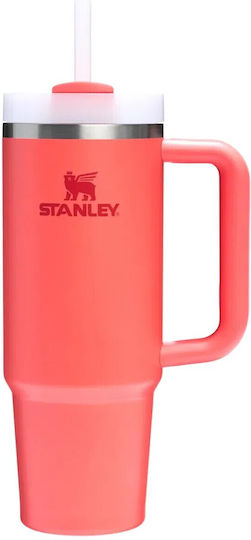 Stanley Quencher H2.0 FlowState Handled Tumbler Thermos Bottle Stainless Steel BPA Free 890ml Hot Coral With Straw And Handle