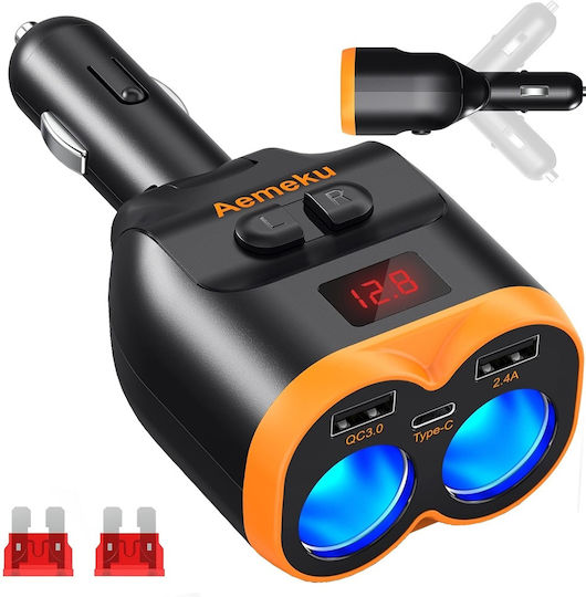 Verk Group Verk Group Autoladegerät 80W 4A Schnellladen mit 2xUSB-A 1xType-C 2xLeichter Eingebettetes Kabel und Voltmeter Schwarz