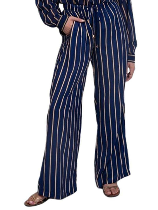 Capetanissa Women's Fabric Palazzo Pants with Elastic Striped Blue