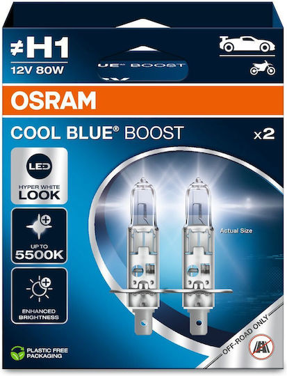 Osram Λάμπες Αυτοκινήτου Cool Blue Boost H1 Αλογόνου 5500K Ψυχρό Λευκό 12V 80W 2τμχ