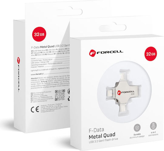 Forcell 32GB USB 3.2 Stick με σύνδεση Lightning,USB-A & USB-C Ασημί