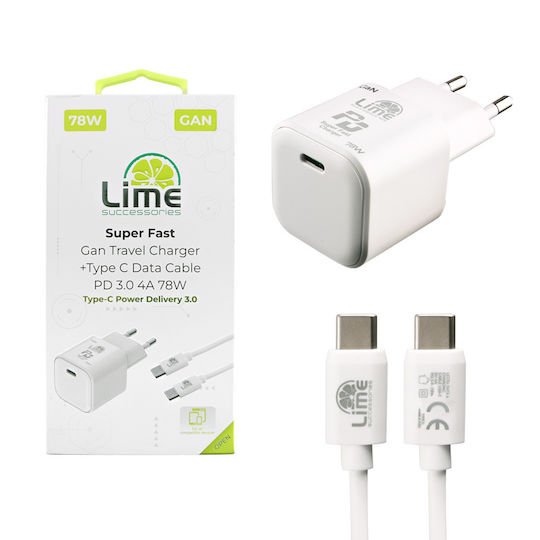 Lime Φορτιστής GaN με Θύρα USB-C και Καλώδιο USB-C - USB-C 78W Power Delivery Λευκός (LTC78W)