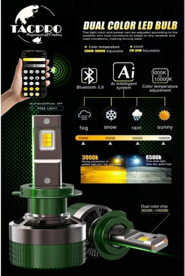 Tacpro Διχρωμη Led Λαμπα Αυτοκινητου H7 Bluetooth & Ρυθμιζομενη Θερμοκρασια Φωτος 3000k–10000k Wmg-04914