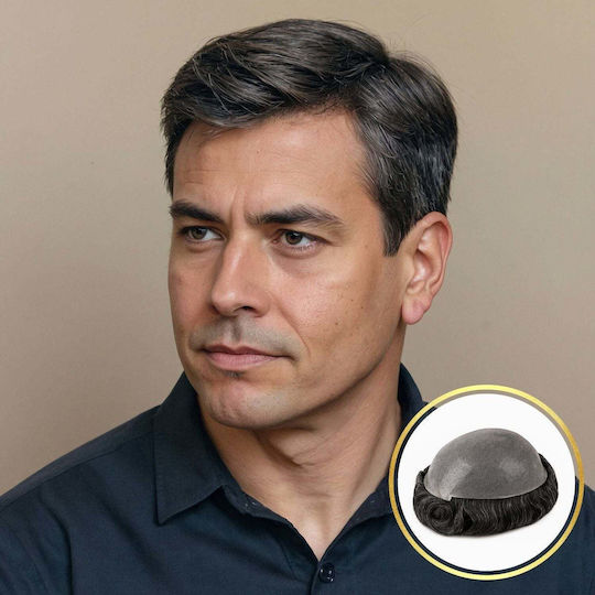 Premium Men's Toupee Natural Hair 1b10 Dark Chestnut 10% Grey Hairs