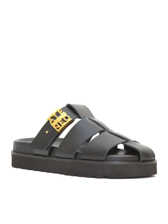 Leather Women's Flat Sandals in Black Color