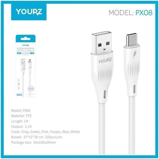 YOURZ Φόρτισης Braided USB 2.0 Cable USB-C male - USB-A Λευκό 1163