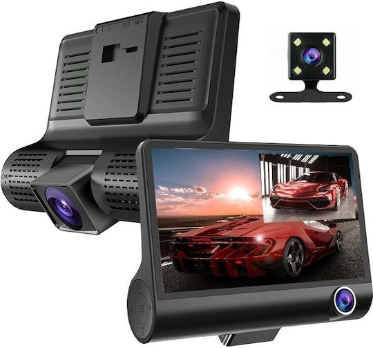 Foxmag24 Triple Dashboard Car Video Camera Full Hd 3 Cameras Front Rear Interior 4 Inch Display G Sensor 170 Degrees Black