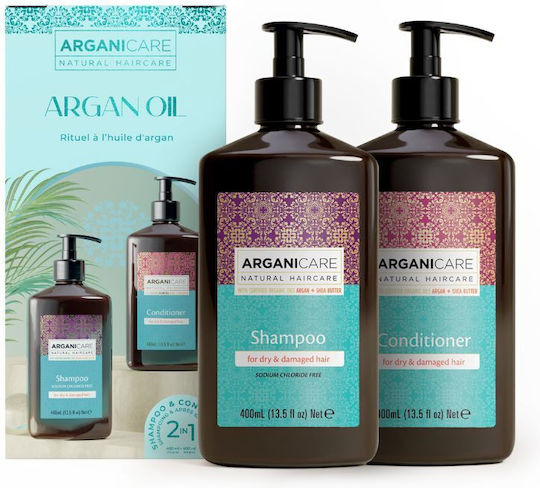Arganicare Set Pentru Par Cu Ulei De Argan Și Unt De Shea Reconstrucție Și Hrană Pentru Păr Uscat Cu Șampon Balsam Și Ulei 2 Bucăți