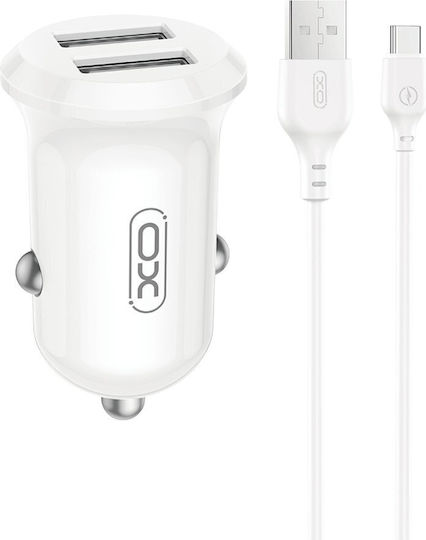 XO Φορτιστής Αυτοκινήτου 12W 2.4A με Θύρες: 2xUSB μαζί με Καλώδιο Type-C Λευκό Χρώμα