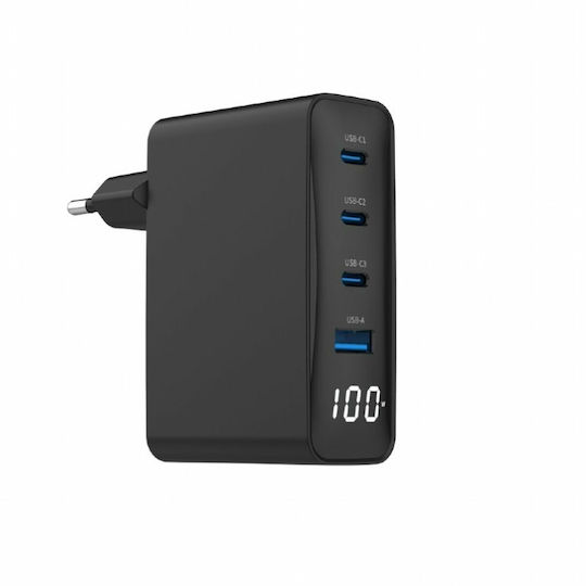 Gembird Charger Without Cable GaN with USB-A Port and 3 USB-C Ports 100W Power Delivery Blacks (TA-UC-PDQC100LCD-01-BK)