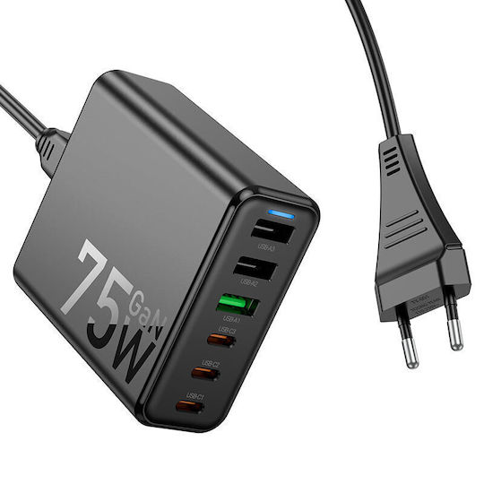 Hoco с 3 USB-A порта и 3 USB-C порта 75W Power Delivery / Quick Charge 3.0 Черен (C133A)