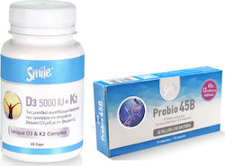 Am Health Promo Smile Συμπλήρωμα Διατροφής D3 5000iu + K2 60 Κάψουλες & Probio 45b Προβιοτικά 10 Κάψουλες