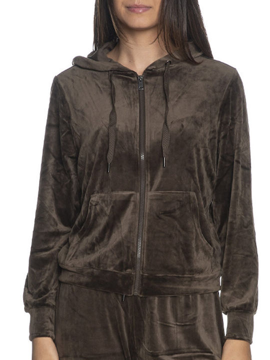 Only Women's Sweatshirt Jacket Velvet Hooded Brown
