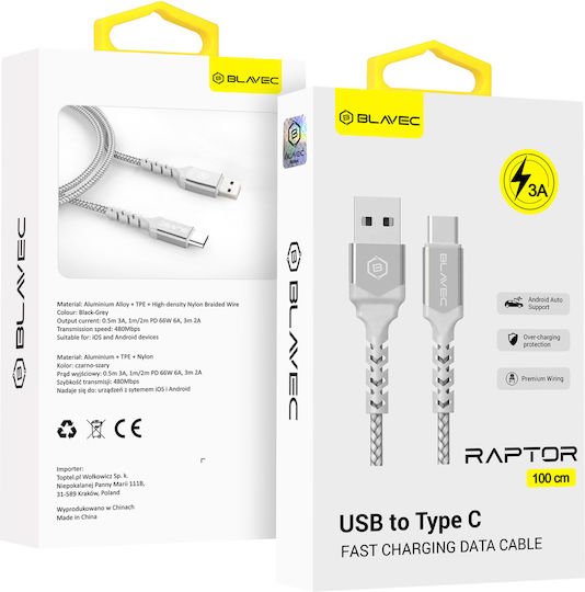 Blavec Raptor Braided USB 2.0 Cable USB-C Male - USB-A White 1m