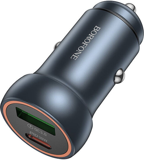 Borofone Auto-Ladegerät 30W Schnellladung mit Anschlüssen: 1xUSB 1xType-C Gray Farbe
