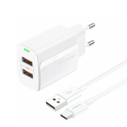 Foneng Φορτιστής με 2 Θύρες USB-A και Καλώδιο USB-C 12W Λευκός (EU63)