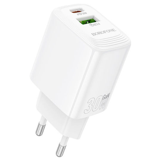 Borofone Charger Without Cable GaN with USB-A Port and USB-C Port 30W Power Delivery / Quick Charge 3.0 Whites (BN29)