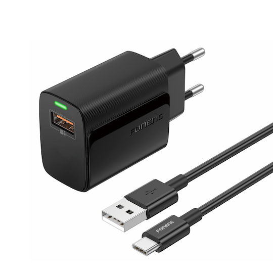 Foneng Φορτιστής με Θύρα USB-A και Καλώδιο USB-C 20W Quick Charge 2.0 Μαύρος (EU64)