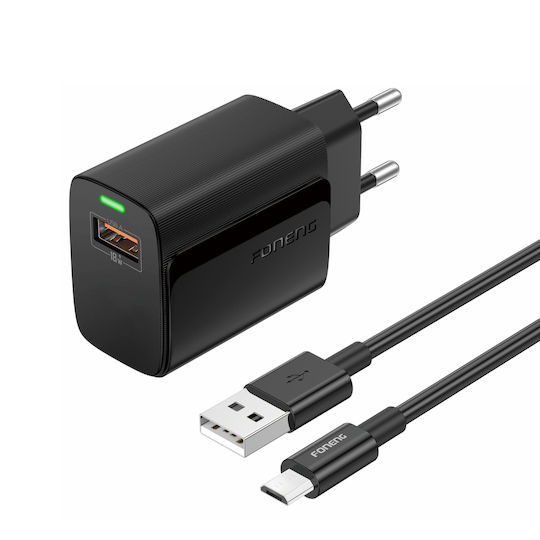 Foneng с USB-A порт и кабел micro USB 18W Quick Charge 2.0 Черен (EU64)