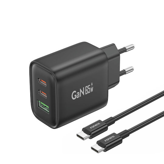 Foneng Charger GaN with USB-A Port and 2 USB-C Ports and Cable USB-C - USB-C 65W Power Delivery / Quick Charge 4.0 Blacks (GaN10-EU)