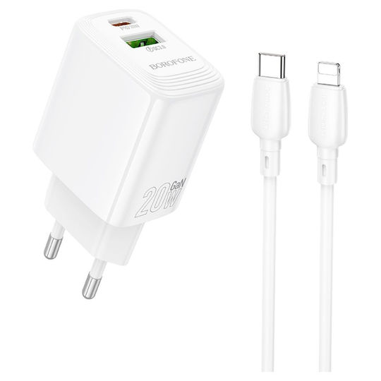 Borofone Charger with USB-A Port and USB-C Port and Cable USB-C - Lightning 20W Power Delivery / Quick Charge 3.0 Whites (BN27)