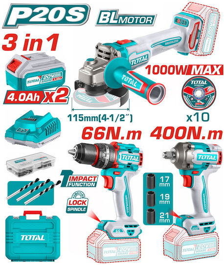 TOSLI241291E Set Eckiges Rad & Schlagbohrschrauber & Schlagschrauber Brushless 20V mit 2 Batterien 4Ah und Hülle