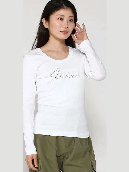 Guess Bluza Damă Bumbac Mânecă Lungă Albă