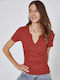 Women's Blouse Cotton with V Neckline Red