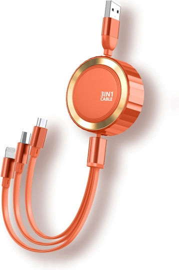 Eko Ausziehbares 3-in-1 Micro-USB Lightning USB-C Zu USB-A 3A 480Mbps 1,2m Kabel Orange
