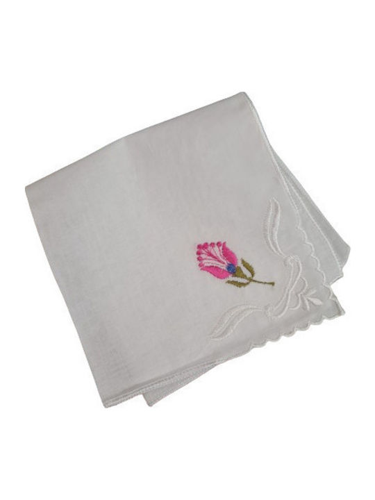 Pocket Handkerchief Cotton Women's White Fuchsia Embroidery