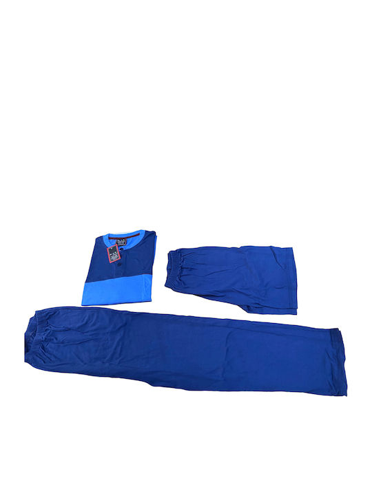 Domino Summer Pyjama Short Sleeve 3 Pieces Blouse Long Trousers Short Trousers 22787 Blue Colour