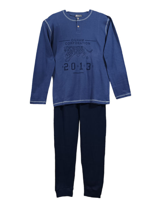 Ogham Herrenpyjama Winter Baumwolle Pyjama 7302 Blau