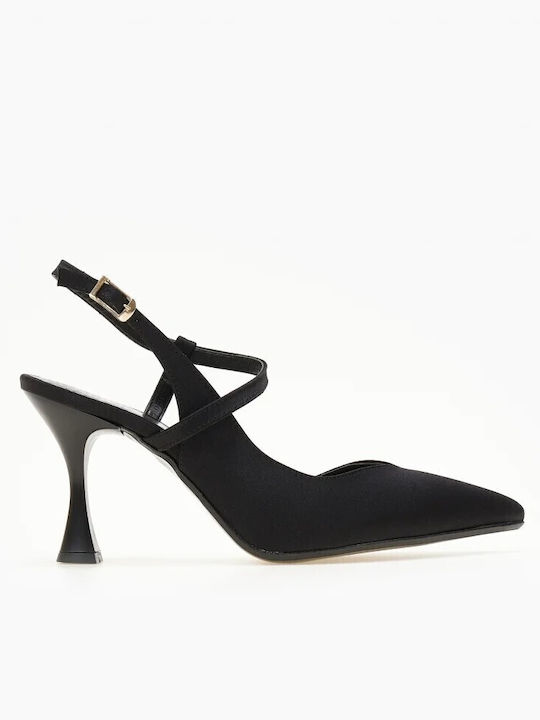 Satin Pumps Satin mit Stiletto Absatz und Riemen Schwarz