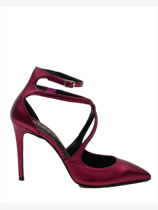 Leather Pointed Toe Fuchsia Heels with Strap