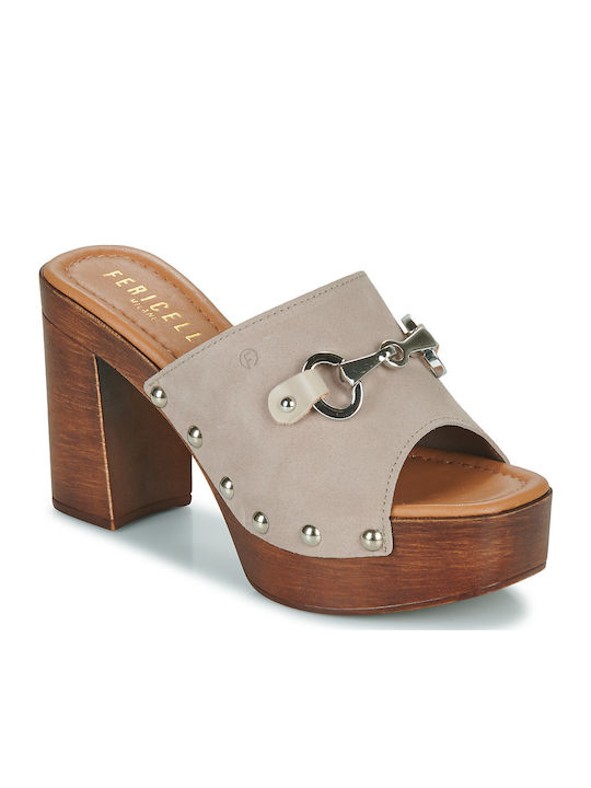 Mules mit Chunky Hoch Absatz in Beige Farbe