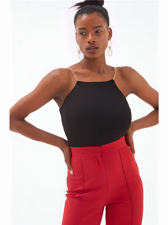 Negru Top Cropped cu Lanț de Aur – Look Sexy Pentru Ieșire De Seară One Size