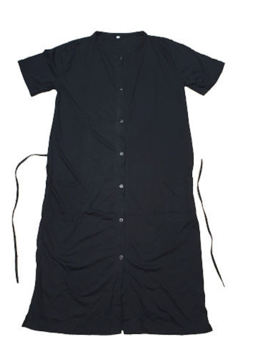 Robe Short Sleeve Jersey Buttons Down 100% Cotton Pockets Belt Black