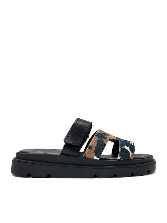 Leather Women's Flat Sandals Flatforms in Black Color