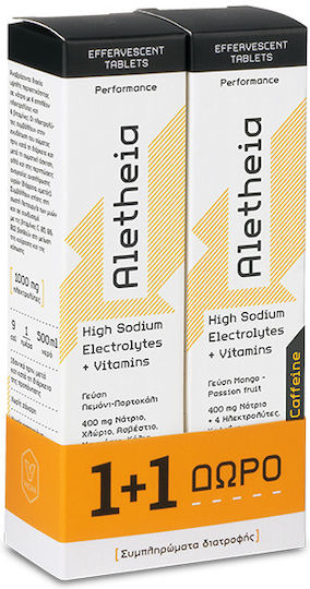 Aletheia High Sodium Electrolytes + Caffeine 1000mg Mango Passion Fruit 2 x 18 Effervescent Tablets