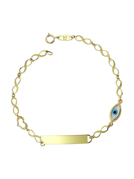 Kids Bracelet ID from Gold 9K with Heart & Evil Eye