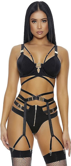 Black Women's Lingerie Set Cords & Metal Buckles Forplay Buckle Up 3pc Lingerie Set Black Gold