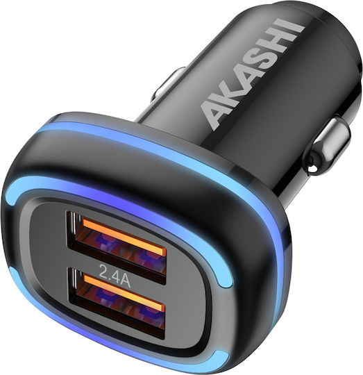 Akashi Încărcător Auto Dual USB 2.4A Încărcare Rapidă LED Strălucitor Negru