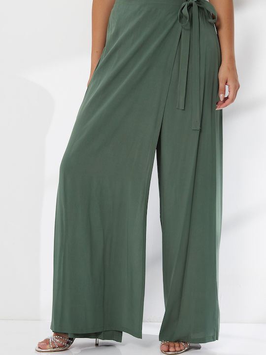 Damen Stoffhose mit Gummiband in Entspannte Passform Grün Khaki
